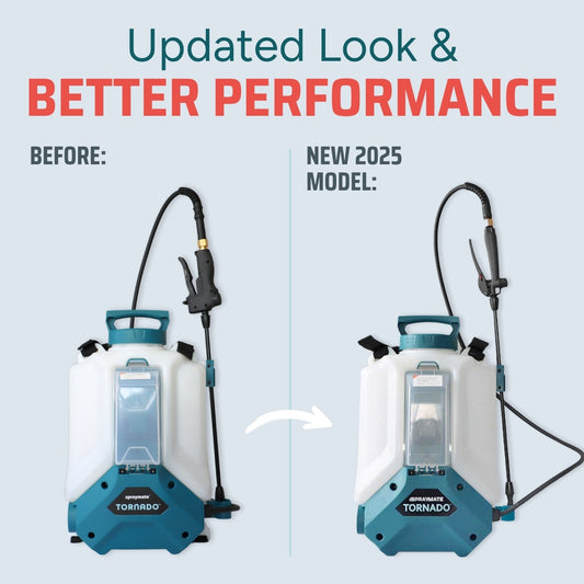 SprayMate Tornado 4-gallon electric backpack sprayer with QuickSwap adapter versus previous battery sprayer