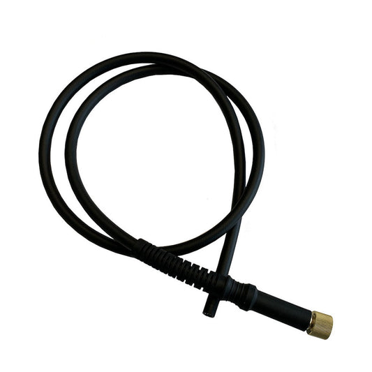 Black hose with brass threaded connector on a white background