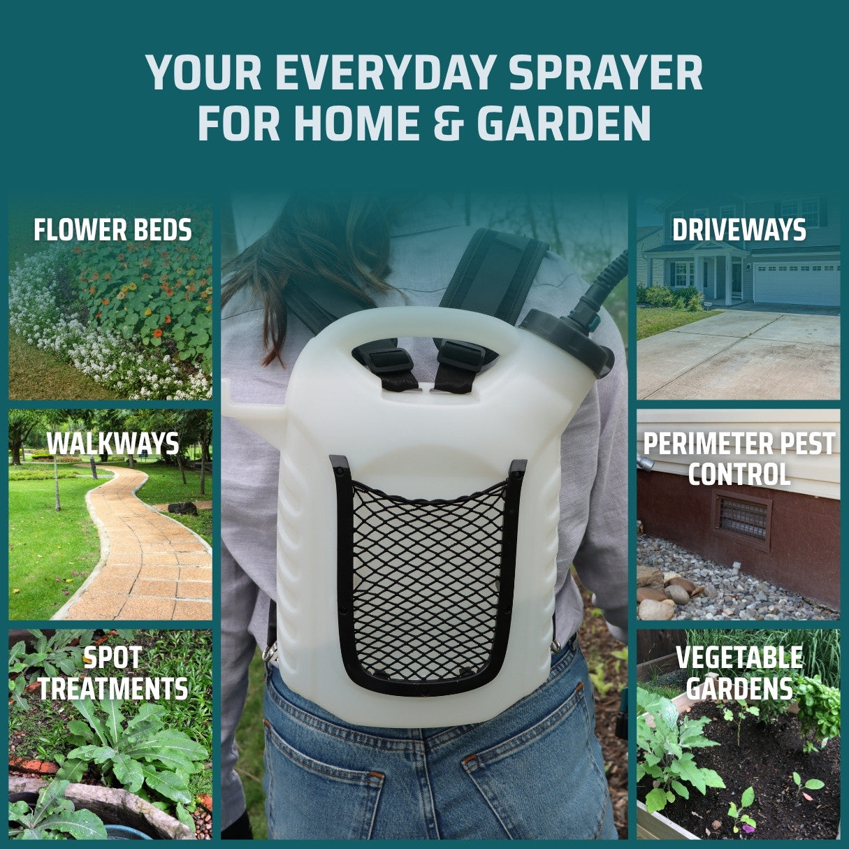 Backpack sprayer with usage scenarios for home and garden on a blue background