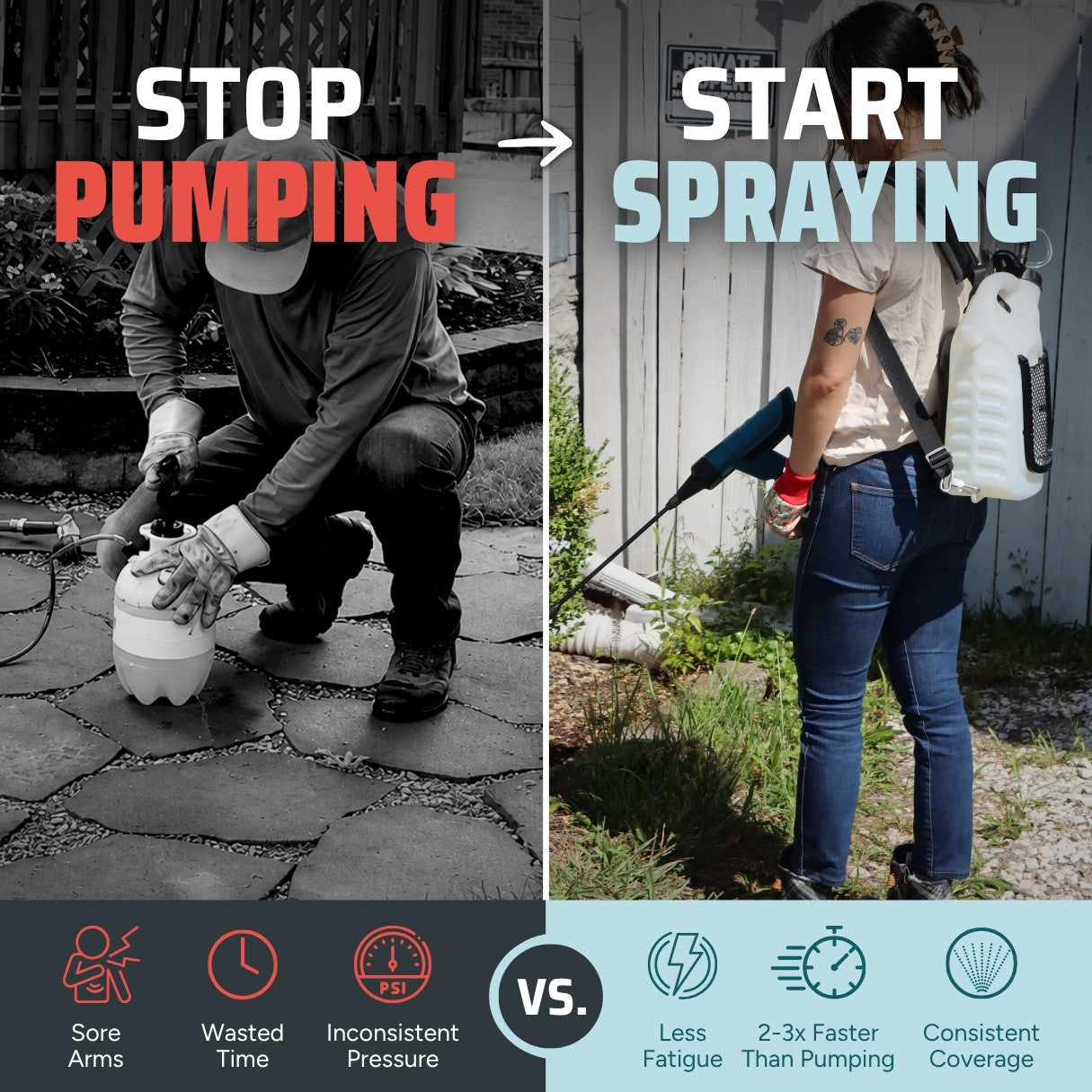 Comparison of pumping and spraying with text and icons indicating benefits of each method.