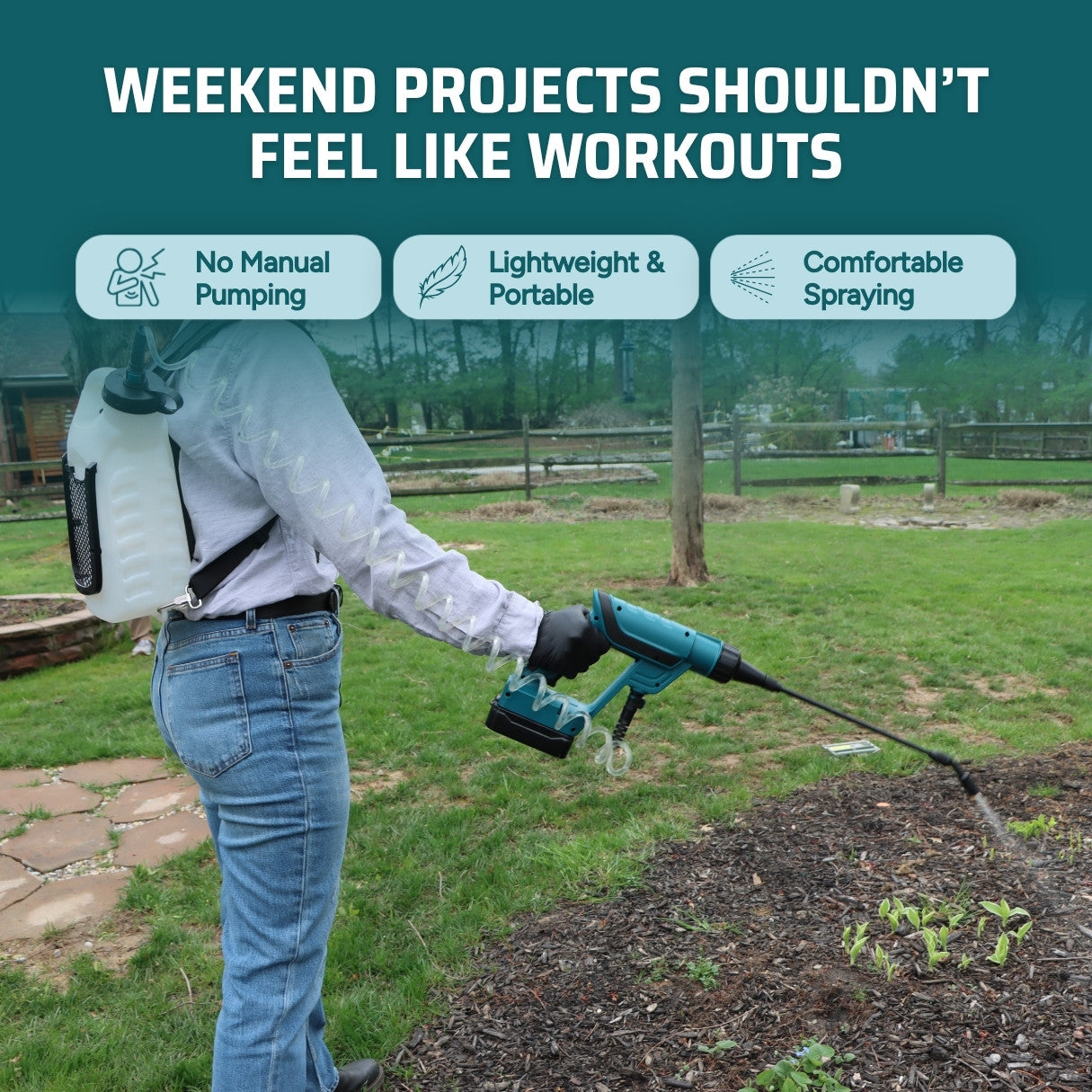 Person using a handheld gardening tool with text about weekend projects and product features.