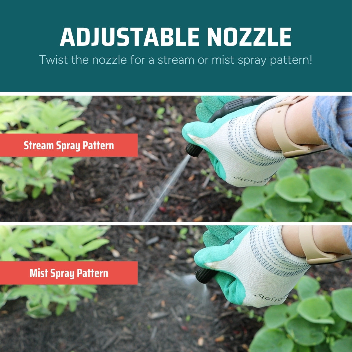 Gardening tool with adjustable nozzle showing stream and mist spray patterns on plants.