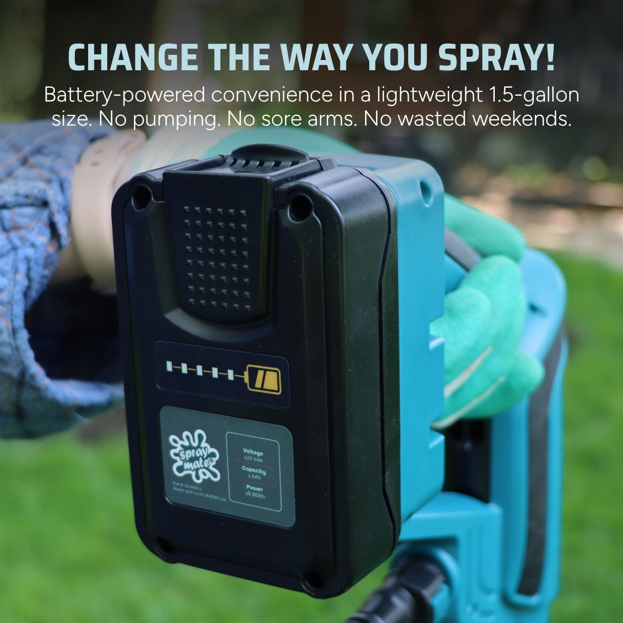 Battery-powered gardening tool with text highlighting its convenience and benefits.