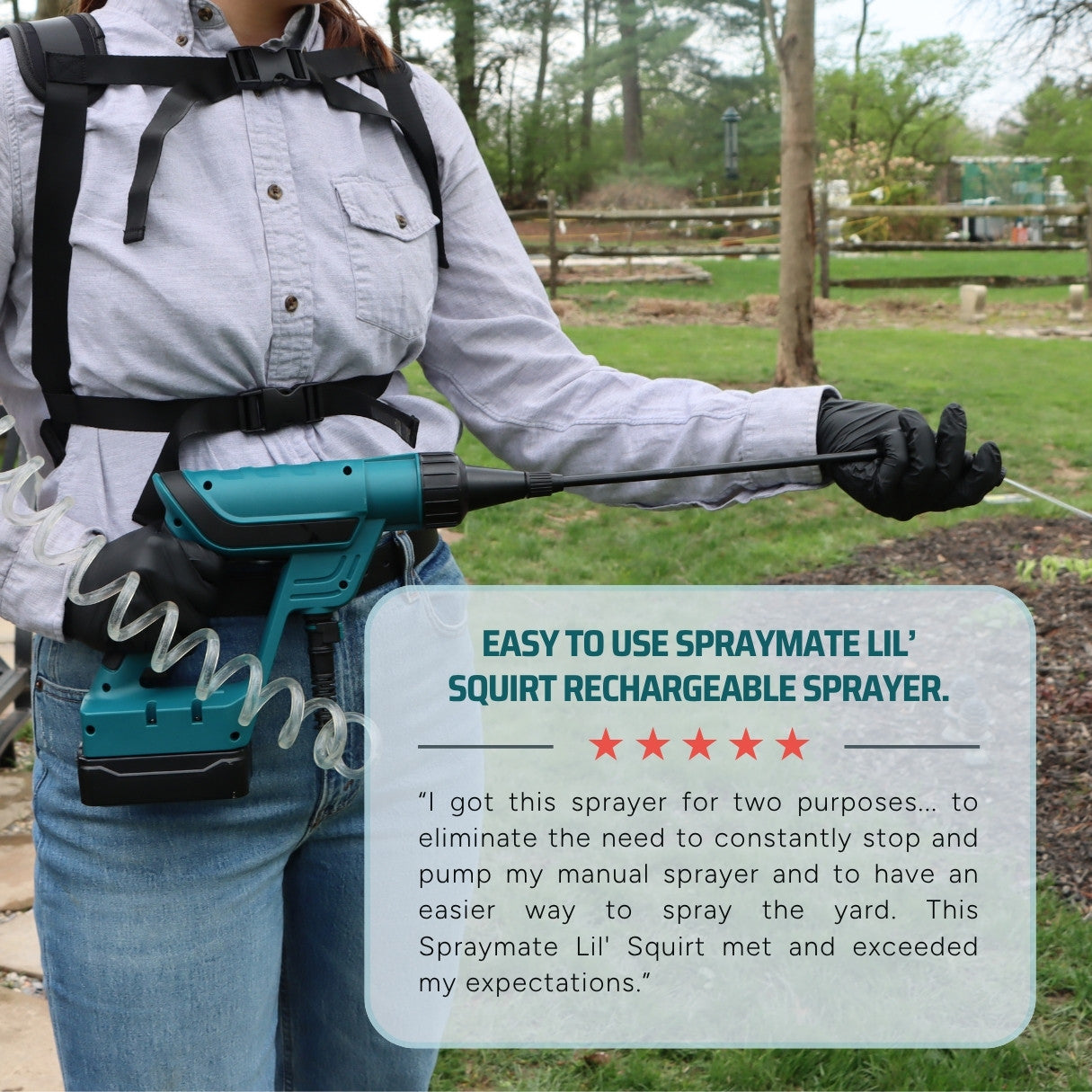 Person using a Spraymate Lil' Squirt rechargeable sprayer in a garden setting