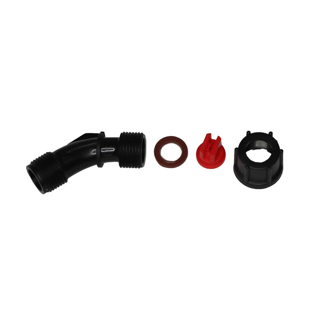 Black plastic elbow fitting, red teejet, and brown washer on a white background