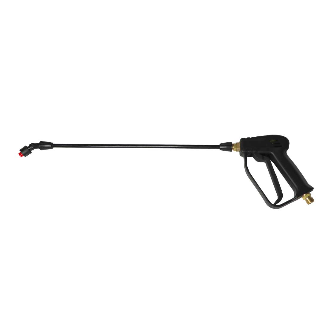 Carbon fiber wand threaded onto pistol grip spray handle with a red teejet nozzle
